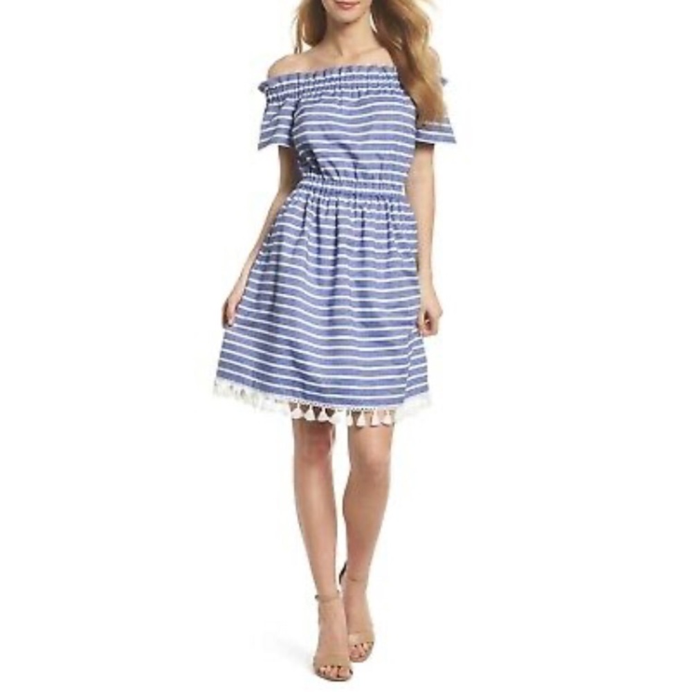 Eliza J off the shoulder stripe tassel dress